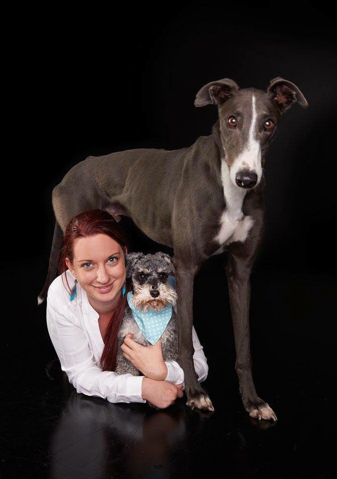 Studio photograph of artist Sarah with her greyhound and miniature schnauzer against a black background