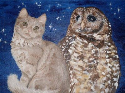 Acrylic painting of a cream tabby cat sitting beside a brown owl against a starry blue night sky